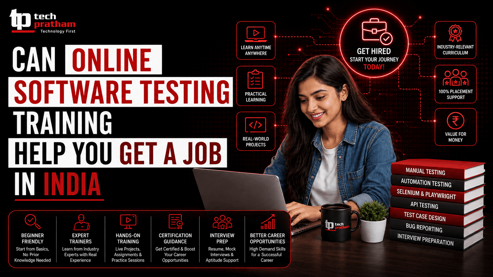 Can Online Software Testing Training Help You Get a Job in India – promotional banner featuring an online software testing course, practical learning, certification guidance, placement support, and a student learning on a laptop.